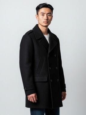 London Fog Black Double-Breasted Pea Coat with Epaulets 4411